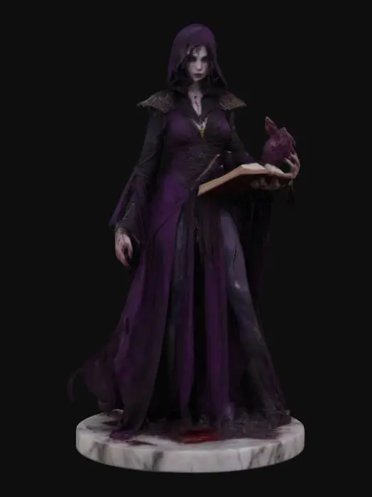 3D model for Human female warlock in scant black and purple robes revealing alot of her body.  holding a flesh bound spell book in her left hand. and a imp standing on the palm of her right hand, standing on a blood stained marble plinth