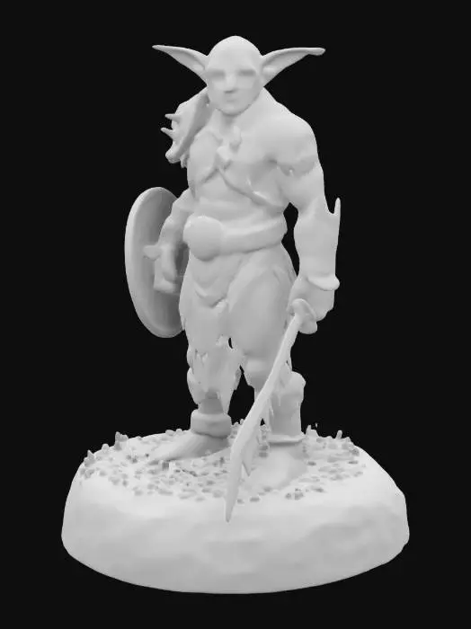 3D model for Goblin Soldier wearing chain-mail holding a chipped jagged sword in his right hand and chipped wooden buckler in his left standing on a grassy   plinth
