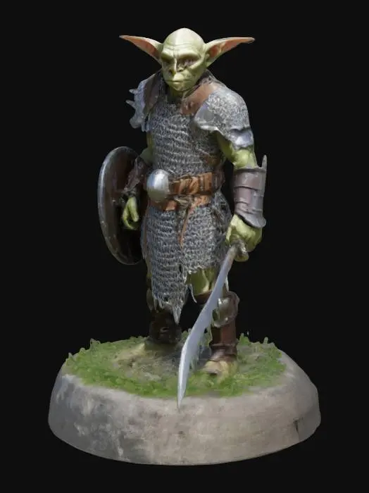 3D model for Goblin Soldier wearing chain-mail holding a chipped jagged sword in his right hand and chipped wooden buckler in his left standing on a grassy   plinth