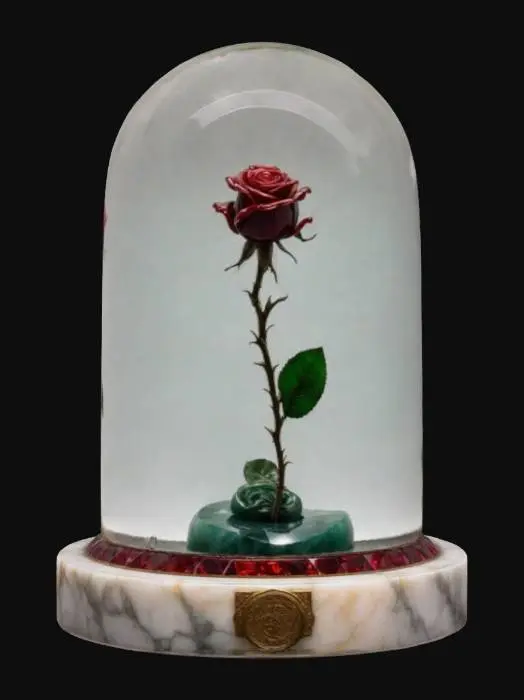 3D model for a single red rose crafted from rubies and jade held within a crystal dome  mounted on a round marble plinth on which is engaved "My love shall not wither like this rose"