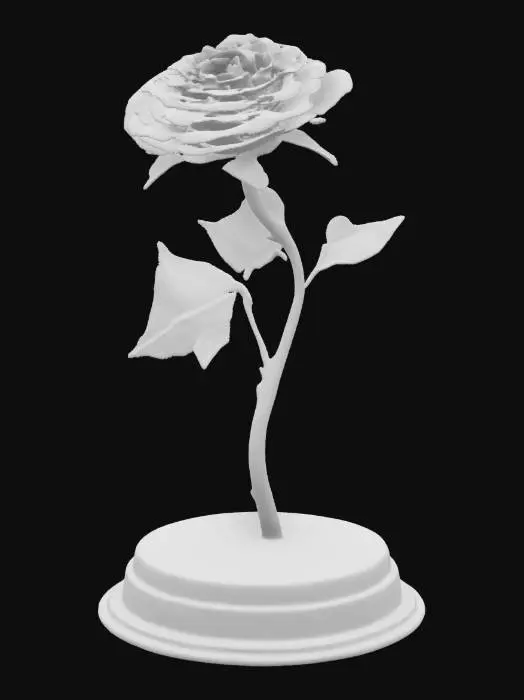 3D model for a single red rose crafted from rubies and jade mounted on a round marble and gold plinth on which is engraved "My love shall not wither like this rose"