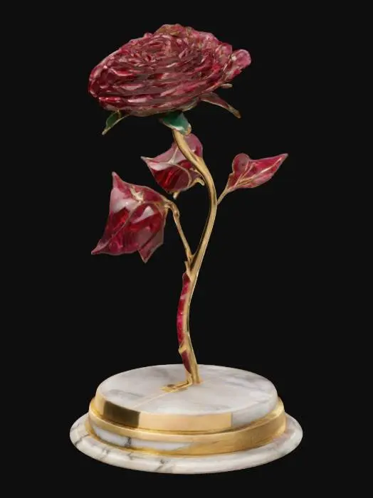 3D model for a single red rose crafted from rubies and jade mounted on a round marble and gold plinth on which is engraved "My love shall not wither like this rose"