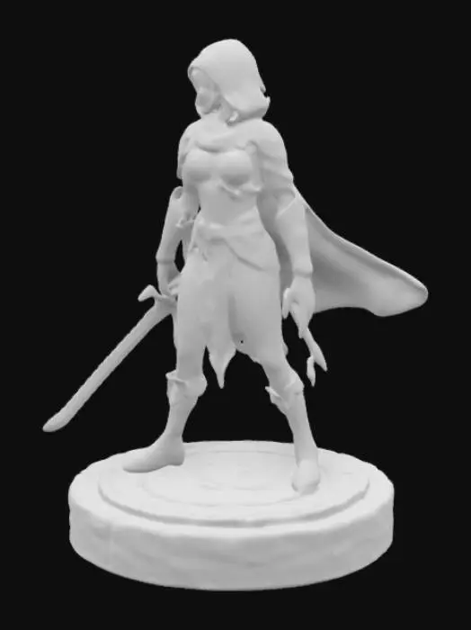 3D model for Create a female half elf rogue with skin tight grey body suit and leather pauldrons on each shoulder and a long flowing cloak with a hood. She is crouched on top of a round plinth made from stone