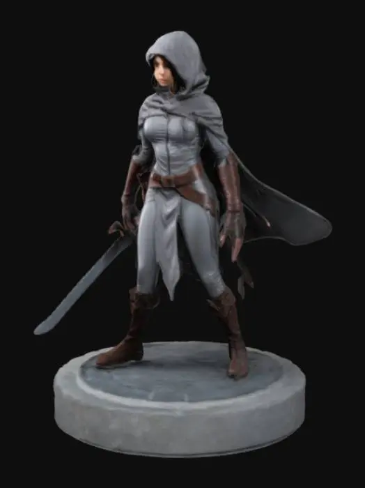 3D model for Create a female half elf rogue with skin tight grey body suit and leather pauldrons on each shoulder and a long flowing cloak with a hood. She is crouched on top of a round plinth made from stone