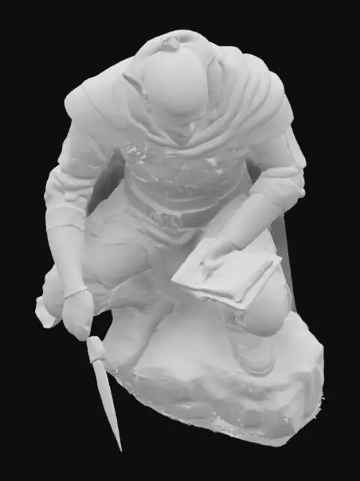 3D model for Create a half elf male rogue in a crouched perched upon a rocky plinth with a dagger in his left hand and magic book open in his right hand. He is wearing worn leather armour and a dirty matter cloak with the hood pull back behind his head showing his pointed ears and neat hair tied back out of his face