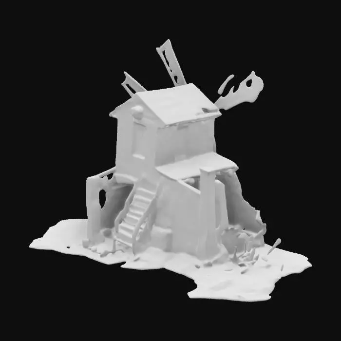 3D model for town windmill that has be damaged by war left to crumble into the ground and nature slowing growing over the walls