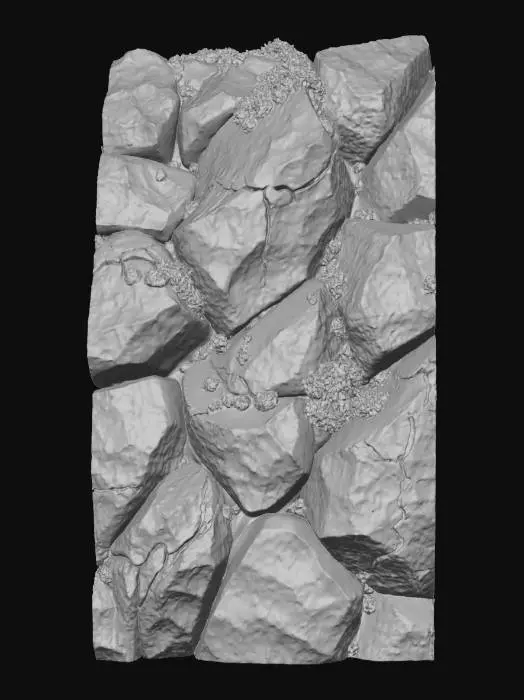 3D model for Realistic rock formation with rugged, angular surfaces and naturally fractured geometry. The stone shows varied roughness and subtle color transitions between gray, brown, and green. Moss and moisture cling to crevices and shaded areas, enhancing the organic look. Lighting emphasizes the natural erosion, cracks, and fine texture details of weathered stone.