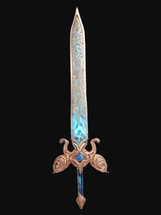 3D model for A sword that embodies the essence of an ancient mystical, feminine warrior. The sword's shape is inspired by the curves of a swan's neck and the petals of a flower, game-ready, #ChronoForgeWeapon#