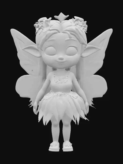 3D model for Queen of the flower fairys. Toon. long hair, round face, wide expressive eyes, iridescent wings. , Stylized, Game Assets, Pixar Style, #fairy#