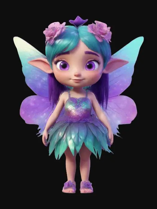 3D model for Queen of the flower fairys. Toon. long hair, round face, wide expressive eyes, iridescent wings. , Stylized, Game Assets, Pixar Style, #fairy#