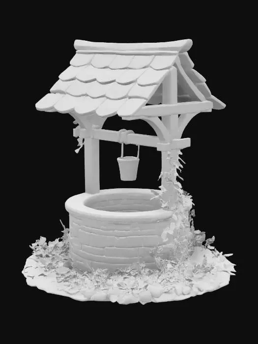 3D model for A polished cylindrical wishing well with smooth vertical walls and a flat circular opening. Two upright posts support a simple pitched roof. Add foliage climbing up the posts and wrapping around the roof edges, with flowers blooming along the base and near the well’s rim. All walls must be at least 2mm thick., Stylized, Game Assets,  #garden#