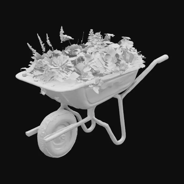 3D model for A classic single-wheel wheelbarrow filled with an arrangement of flowers and foliage. Include a shallow basin, front wheel, support legs, and handles. Ensure all walls are at least 2mm thick., Game Assets, Polished, #garden#