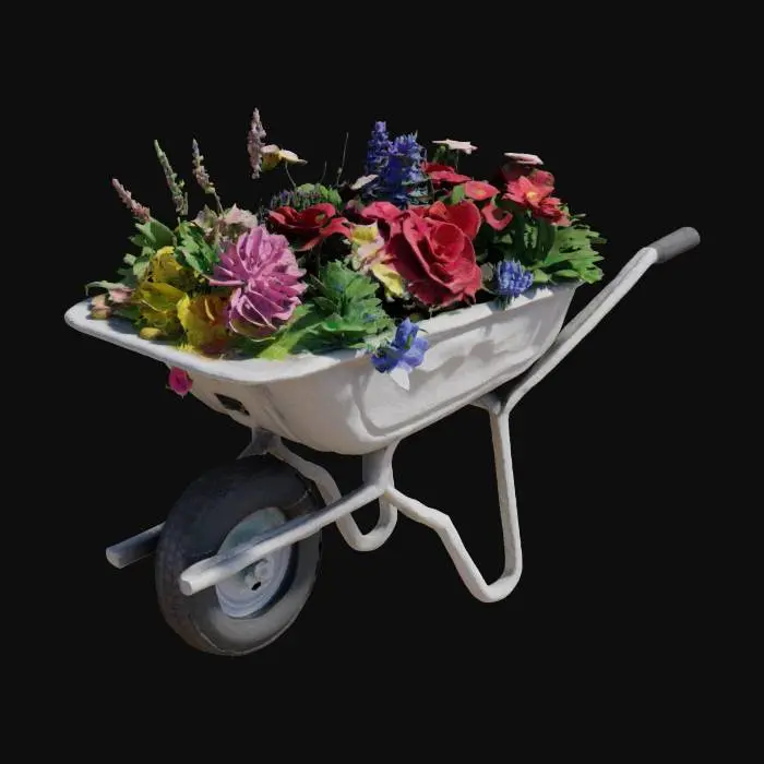 3D model for A classic single-wheel wheelbarrow filled with an arrangement of flowers and foliage. Include a shallow basin, front wheel, support legs, and handles. Ensure all walls are at least 2mm thick., Game Assets, Polished, #garden#