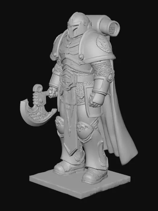 3D model for Generate a 3d image of a warhammer 40K Guard holding a n Axe and las pistol  gun wearing guard flak armour with a 12 mm square base.