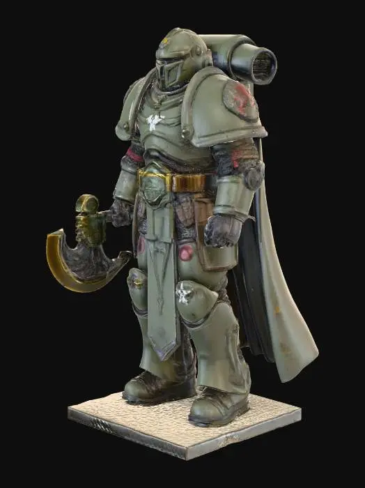 3D model for Generate a 3d image of a warhammer 40K Guard holding a n Axe and las pistol  gun wearing guard flak armour with a 12 mm square base.