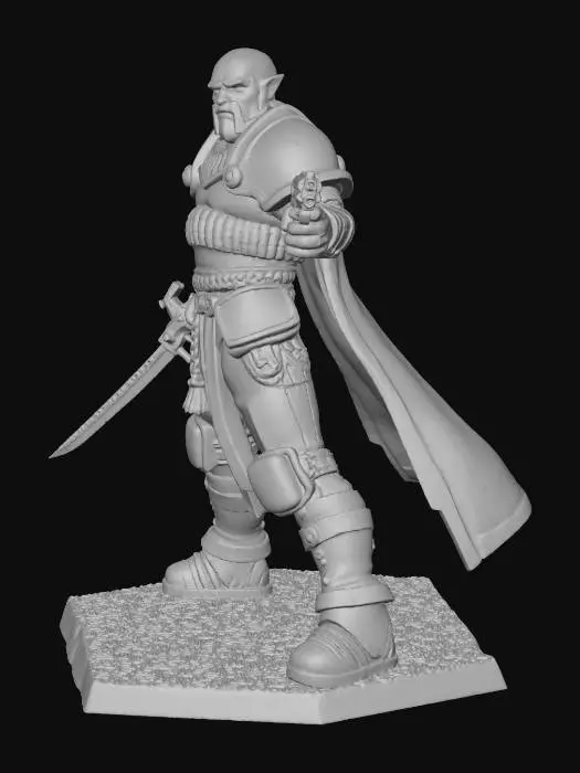 3D model for Generate a 3d image of a warhammer 40K rogue trader holding a plasma sword  and las pistol  gun wearing guard flak armour with a 12 mm square base.