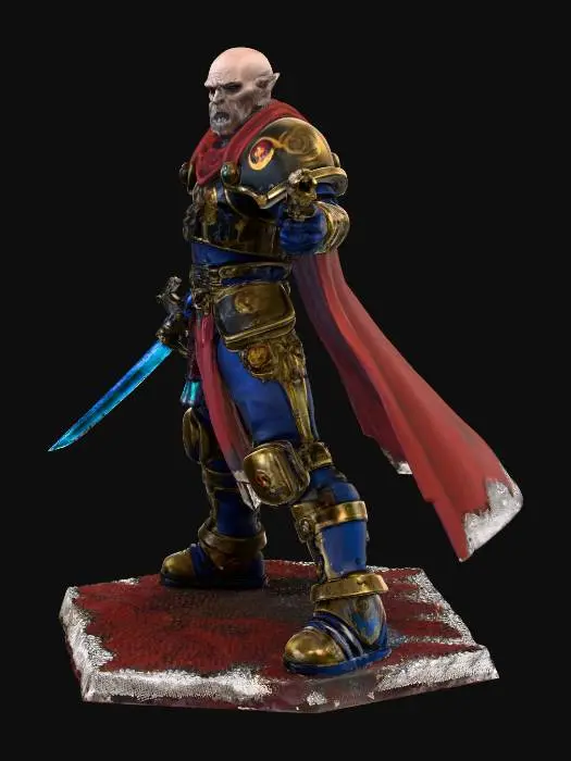 3D model for Generate a 3d image of a warhammer 40K rogue trader holding a plasma sword  and las pistol  gun wearing guard flak armour with a 12 mm square base.