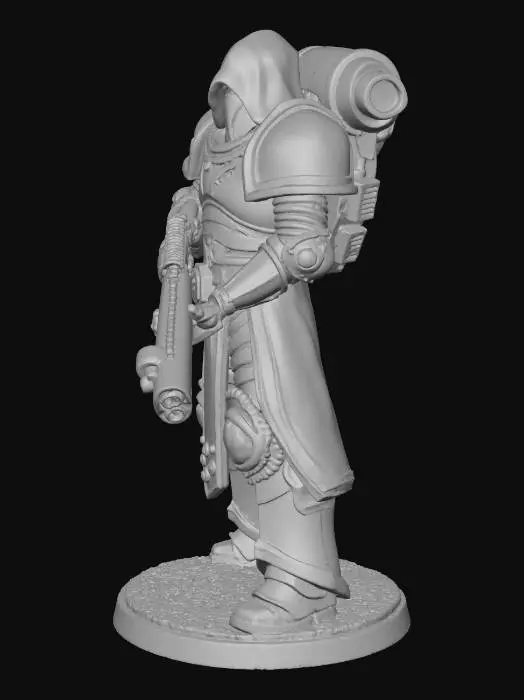 3D model for A grim Warhammer 40K Assassin miniature, cast in sturdy, unpainted resin. It's heavily armored with segmented plate and flexible mesh, featuring battle-worn insignia. Equipped with a robust bolter, poised ready to charge, the figure conveys immense readiness. Additional weapons like a combat knife are sheathed at its hip. The assassin's helmeted head is angled, focusing on an unseen target. This detailed model stands firmly on a textured 12mm round base.