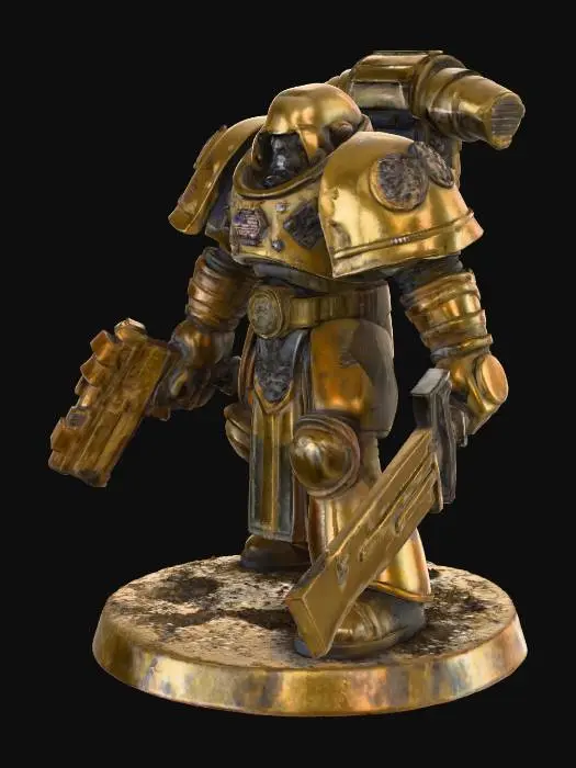 3D model for An unpainted, grim Warhammer 40K Assassin miniature, molded from sturdy resin, stands ready to charge on a textured 12mm round base. Its form is heavily armored with segmented plates over flexible mesh, etched with subtle, battle-worn insignia inherent to the sculpt. One hand grips a menacing chainsword, poised for attack, its intricate teeth and mechanism suggested in the solid resin. A compact combat las pistol is sheathed at its hip. The helmeted head is angled sharply, conveying intense focus on an unseen target, highlighting the cold, smooth texture of the resin.