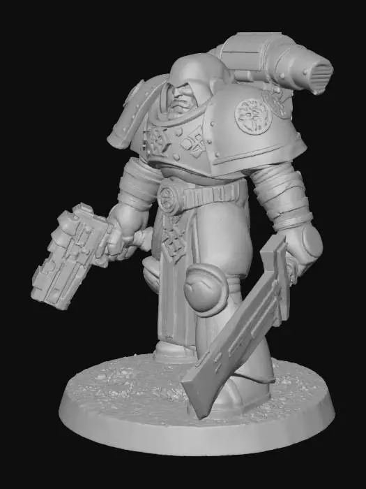 3D model for An unpainted, grim Warhammer 40K Assassin miniature, molded from sturdy resin, stands ready to charge on a textured 12mm round base. Its form is heavily armored with segmented plates over flexible mesh, etched with subtle, battle-worn insignia inherent to the sculpt. One hand grips a menacing chainsword, poised for attack, its intricate teeth and mechanism suggested in the solid resin. A compact combat las pistol is sheathed at its hip. The helmeted head is angled sharply, conveying intense focus on an unseen target, highlighting the cold, smooth texture of the resin.