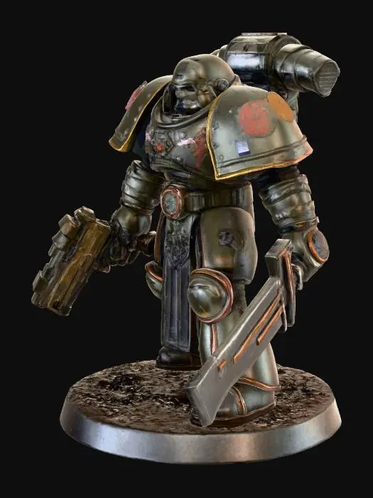 3D model for An unpainted, grim Warhammer 40K Assassin miniature, molded from sturdy resin, stands ready to charge on a textured 12mm round base. Its form is heavily armored with segmented plates over flexible mesh, etched with subtle, battle-worn insignia inherent to the sculpt. One hand grips a menacing chainsword, poised for attack, its intricate teeth and mechanism suggested in the solid resin. A compact combat las pistol is sheathed at its hip. The helmeted head is angled sharply, conveying intense focus on an unseen target, highlighting the cold, smooth texture of the resin.