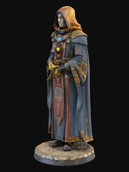 3D model for A Warhammer 40K Navigator miniature, cast in fine, unpainted resin, presents an enigmatic and noble figure. Clad in ornate, heavy robes with intricate embroidery suggesting rich, aged fabrics, the figure exudes ancient authority. The most striking feature is the concealed, cyclopean third eye on their forehead, barely visible beneath a cowl or elaborate headpiece. Holding a small, intricate device or relic, the Navigator stands with a serene, otherworldly expression, poised regally on a textured 12mm round base.