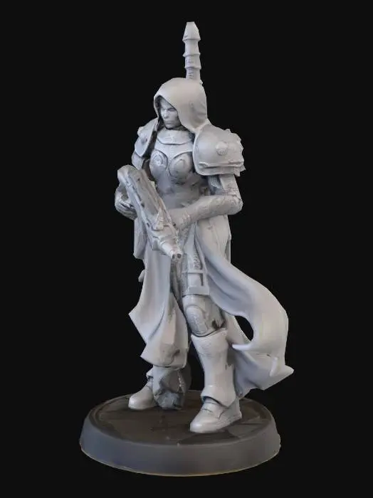 3D model for A stalwart Warhammer 40K Sister of Battle miniature, cast in unpainted grey resin. Clad in iconic mesh armor with intricate gothic details and flowing fabric habit elements, she projects an aura of zealous determination. A robust bolter rifle is securely strapped over her shoulder, indicating readiness. Her posture is upright and firm, conveying unwavering faith and combat discipline. The detailed figure stands resolutely on a simple, textured 12mm round base.