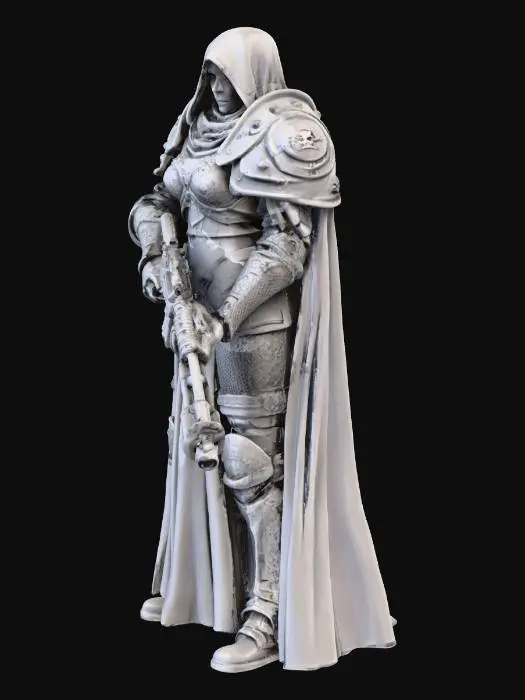 3D model for A stalwart Warhammer 40K Sister of Battle miniature, cast in unpainted grey resin. Clad in iconic mesh armor with intricate gothic details and flowing fabric habit elements, she projects an aura of zealous determination. A robust bolter rifle is securely strapped over her shoulder, indicating readiness. Her posture is upright and firm, conveying unwavering faith and combat discipline. The detailed figure stands resolutely on a simple, textured 12mm round base.
