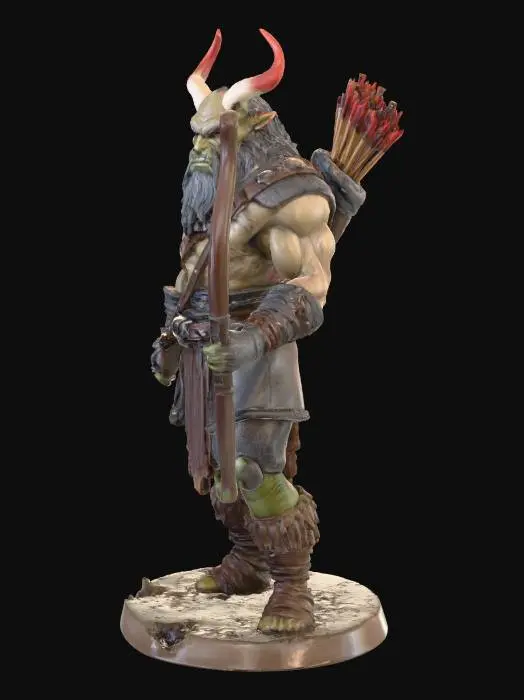 3D model for A rugged D&D 5E half-orc rogue miniature, cast in unpainted grey resin, stands with a watchful, agile presence. Its strong, slightly stooped form is clad in flexible, layered leather armor, showing signs of wear and stealth. A sturdy longbow is held ready, and a quiver of arrows is slung over its shoulder. The half-orc's face features prominent tusks and a determined expression, typical of its lineage. This detailed figure is grounded on a textured 12mm square base.