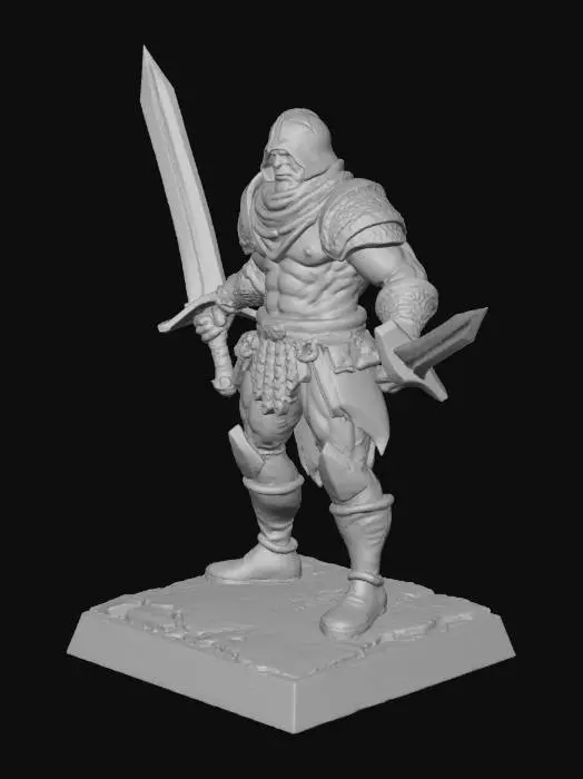 3D model for A formidable D&D human fighter miniature, crafted from unpainted grey resin, stands ready for combat. Clad in finely detailed, heavy chainmail, each metallic ring visibly sculpted, the figure exudes resilience. A sharp short sword is held firmly in each hand, blades glinting, poised for action. The fighter possesses a strong, upright posture, conveying a sense of disciplined readiness. This robust figure is securely grounded on a textured 12mm square base, ready for the tabletop.