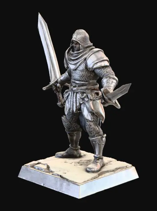 3D model for A formidable D&D human fighter miniature, crafted from unpainted grey resin, stands ready for combat. Clad in finely detailed, heavy chainmail, each metallic ring visibly sculpted, the figure exudes resilience. A sharp short sword is held firmly in each hand, blades glinting, poised for action. The fighter possesses a strong, upright posture, conveying a sense of disciplined readiness. This robust figure is securely grounded on a textured 12mm square base, ready for the tabletop.
