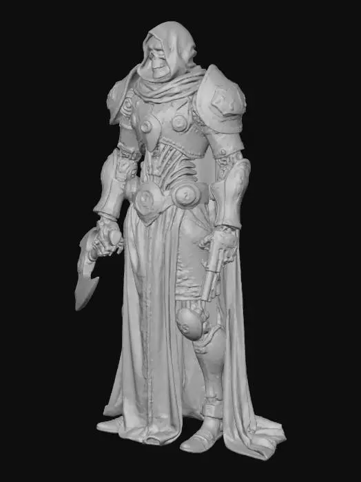 3D model for A heavily augmented Tech-Priest stands stoically on a small, textured 12mm round base. Voluminous, deep crimson robes dominate its form, obscuring bionic limbs. Exposed sections reveal burnished brass and dull steel segments, etched with intricate galvanic circuitry. Multiple articulated servo-arms extend from its back. Its head is a metallic skull-mask, expressionless, with glowing red optical sensors. One hand grips a hefty omnisian axe, the other a compact plasma pistol, both crafted from robust, worn metal with a utilitarian, cold touch.