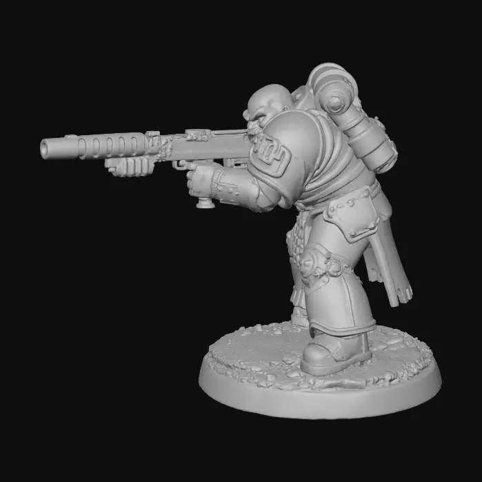 3D model for A grim Warhammer 40K Arch-Militant miniature, cast in sturdy, unpainted resin. It's heavily armored with segmented plate and flexible mesh, featuring battle-worn insignia. Equipped with a robust bolter, held in a precise crouching firing position, the figure conveys readiness. Additional weapons like a combat knife are sheathed at its hip. The arch-militant's helmeted head is angled, focusing on an unseen target. This detailed model stands firmly on a textured 12mm round base.