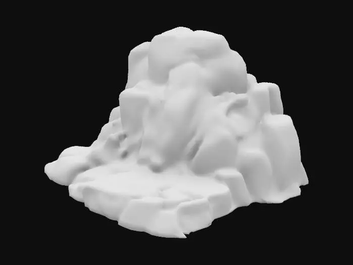 3D model for A simple, Stylized, 3D model of a chibi-style rocky landscape. Details: Jagged, uneven surfaces with layered rock textures. Subtle cracks and variations in color for depth. Irregular edges to emphasize a natural appearance. The overall style is reminiscent of a fantasy or action-adventure game, similar to The Legend of Zelda. Stylized, Fantasy, Game Assets, Legend of Zelda, World of Warcraft, League of Legends, Clash of Clans, Pixar Style