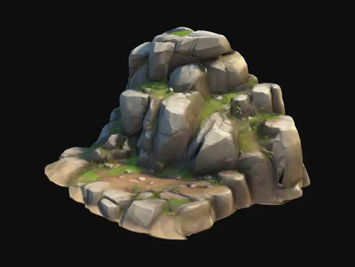 3D model for A simple, Stylized, 3D model of a chibi-style rocky landscape. Details: Jagged, uneven surfaces with layered rock textures. Subtle cracks and variations in color for depth. Irregular edges to emphasize a natural appearance. The overall style is reminiscent of a fantasy or action-adventure game, similar to The Legend of Zelda. Stylized, Fantasy, Game Assets, Legend of Zelda, World of Warcraft, League of Legends, Clash of Clans, Pixar Style