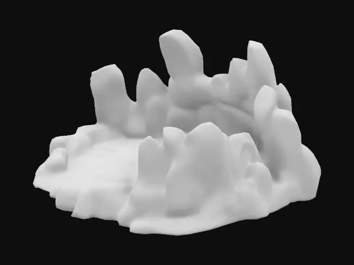 3D model for A simple, Stylized, 3D model of a chibi-style woodland glade. Details: Jagged, uneven surfaces with layered rock textures. Subtle cracks and variations in color for depth. Irregular edges to emphasize a natural appearance. The overall style is reminiscent of a fantasy or action-adventure game, similar to The Legend of Zelda. Stylized, Fantasy, Game Assets, Legend of Zelda, World of Warcraft, League of Legends, Clash of Clans, Pixar Style