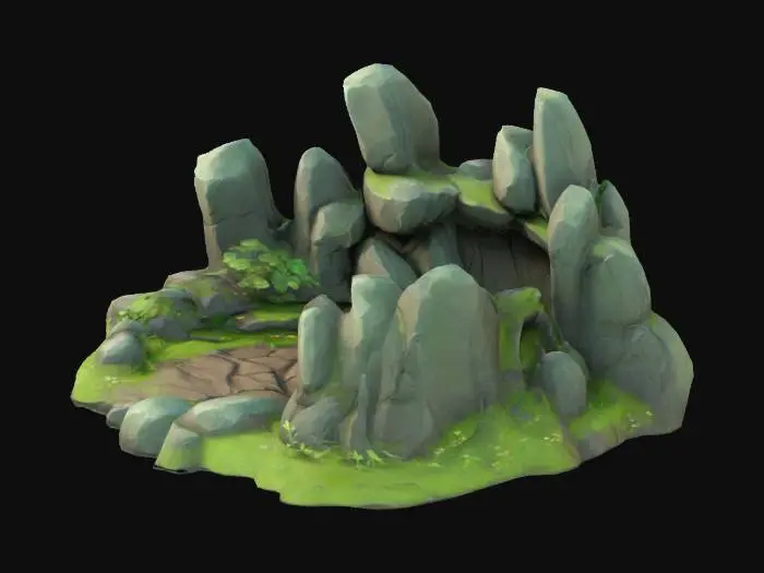 3D model for A simple, Stylized, 3D model of a chibi-style woodland glade. Details: Jagged, uneven surfaces with layered rock textures. Subtle cracks and variations in color for depth. Irregular edges to emphasize a natural appearance. The overall style is reminiscent of a fantasy or action-adventure game, similar to The Legend of Zelda. Stylized, Fantasy, Game Assets, Legend of Zelda, World of Warcraft, League of Legends, Clash of Clans, Pixar Style