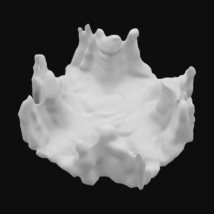 3D model for A simple, Stylized, 3D model of a chibi-style rocky landscape. Details: Jagged, uneven surfaces with layered rock textures. Subtle cracks and variations in color for depth. Irregular edges to emphasize a natural appearance. The overall style is reminiscent of a fantasy or action-adventure game, similar to The Legend of Zelda. Stylized, Fantasy, Game Assets, Legend of Zelda, World of Warcraft, League of Legends, Clash of Clans, Pixar Style