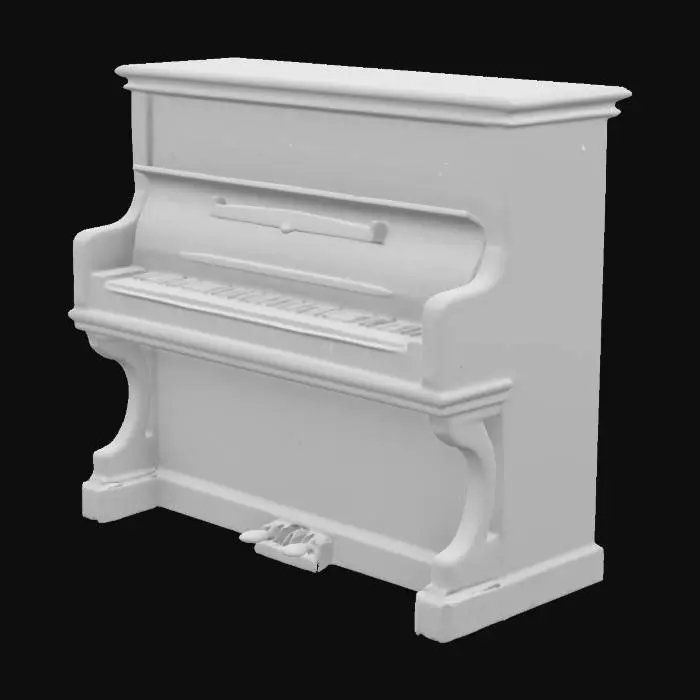 3D model for A small vintage upright style piano. The body of the piano is old, aged worn varnished wood. The piano keys are neat and inline but look old and well used. The proportions of the piano are whimsical, quaint and a little bit distorted.   