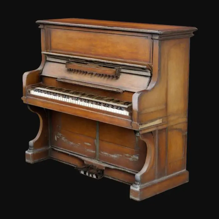 3D model for A small vintage upright style piano. The body of the piano is old, aged worn varnished wood. The piano keys are neat and inline but look old and well used. The proportions of the piano are whimsical, quaint and a little bit distorted.   