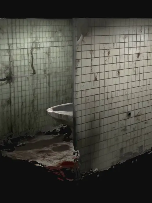 3D model for Generate a collection of 3D models for a highly disgusting and neglected toilet/bathroom area within a derelict mental asylum, in a PlayStation 2 era Silent Hill / Resident Evil psychological horror style.
The models should embody extreme filth, decay, and misuse. Focus on creating distinct silhouettes suitable for a lower polycount aesthetic, where textures will later emphasize the grime.