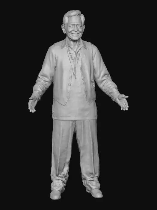 3D model for Elder fisherman from a small tropical coastal village, Filipino-Spanish mestizo grandfather, sun-tanned weathered skin, silver hair, deep smile lines, kind but tough eyes, wearing a worn linen shirt and fishing vest, salt stains, simple rosary necklace, holding a fishing net and a small wooden boat oar, subtle Spanish matador vibe (classic waistcoat detail, confident posture), loves strong liquor, warm cinematic lighting, ultra realistic portrait, high detail face, 35mm photo look, neutral background