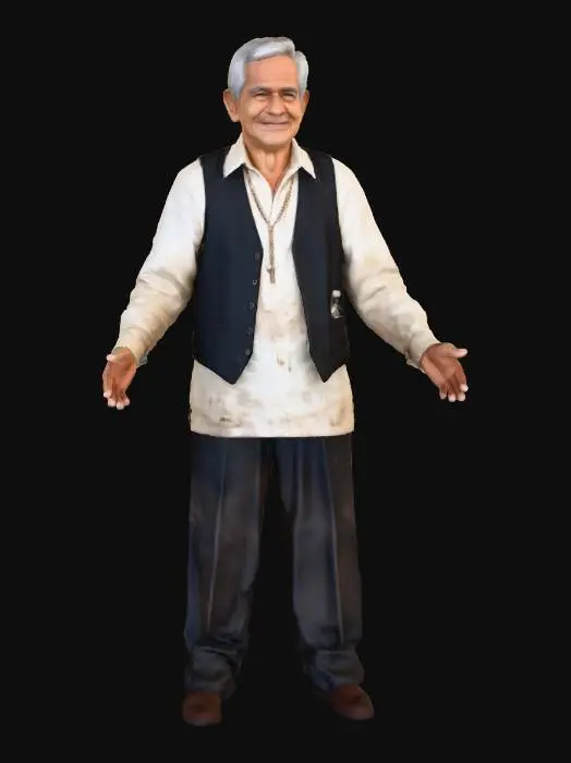 3D model for Elder fisherman from a small tropical coastal village, Filipino-Spanish mestizo grandfather, sun-tanned weathered skin, silver hair, deep smile lines, kind but tough eyes, wearing a worn linen shirt and fishing vest, salt stains, simple rosary necklace, holding a fishing net and a small wooden boat oar, subtle Spanish matador vibe (classic waistcoat detail, confident posture), loves strong liquor, warm cinematic lighting, ultra realistic portrait, high detail face, 35mm photo look, neutral background