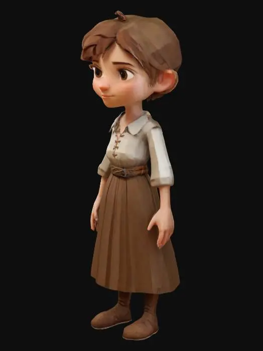 3D model for A young, peasant female character with unkempt, short brown hair, dressed in simple shirt and long skirt medieval clothing . isolated on white studio background. low poly character