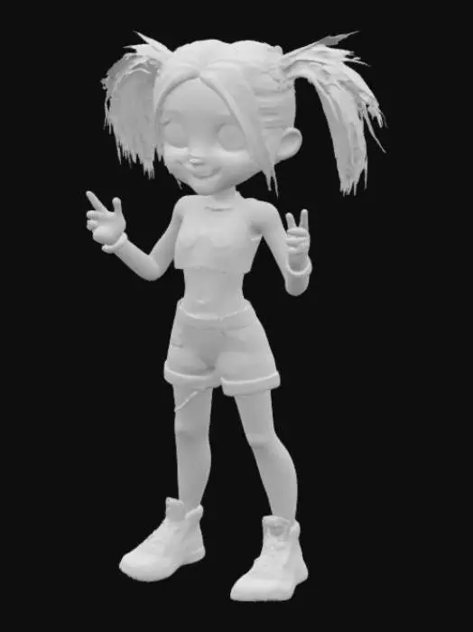 3D model for Young girl in a sporty cropped tank top and shorts styled in Harley Quinn fashion. She has a two - toned hair, half - blue and half - pink, messy pigtails. Her face features bold clown - like makeup with smudged red lipstick, black eye - defining lines, and a diamond - shaped tattoo on her cheek. Adorned with colorful chokers, spiked bracelets, and a utility belt full of gadgets. She stands with arms wide open in a "T" shape, legs slightly apart, exuding energetic and playful vibes. The background is a vibrant, graffiti - covered warehouse wall with neon lights casting a dynamic glow. 