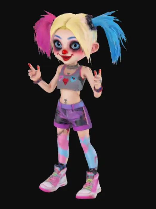 3D model for Young girl in a sporty cropped tank top and shorts styled in Harley Quinn fashion. She has a two - toned hair, half - blue and half - pink, messy pigtails. Her face features bold clown - like makeup with smudged red lipstick, black eye - defining lines, and a diamond - shaped tattoo on her cheek. Adorned with colorful chokers, spiked bracelets, and a utility belt full of gadgets. She stands with arms wide open in a "T" shape, legs slightly apart, exuding energetic and playful vibes. The background is a vibrant, graffiti - covered warehouse wall with neon lights casting a dynamic glow. 