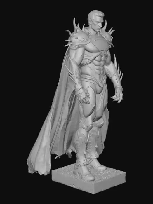 3D model for #villain#, "Create a 3D model of a menacing villain inspired by General Zod. Tall, muscular, and commanding, clad in black and gunmetal Kryptonian-style armor with glowing crimson energy veins. Chestplate engraved with alien runes, spiked pauldrons, gauntlets, and a tattered metallic cape edged with faint red energy. Face: stern, sharp features, glowing red eyes, cropped black hair (or sleek helmet with glowing visor). Armor battle-worn with scratches, scorched plating, and faint runes. Boots reinforced with alien tech, subtle levitation effect. Pose: imposing, one hand extended as if commanding troops or unleashing power. Cinematic, hyper-detailed, competition-ready."