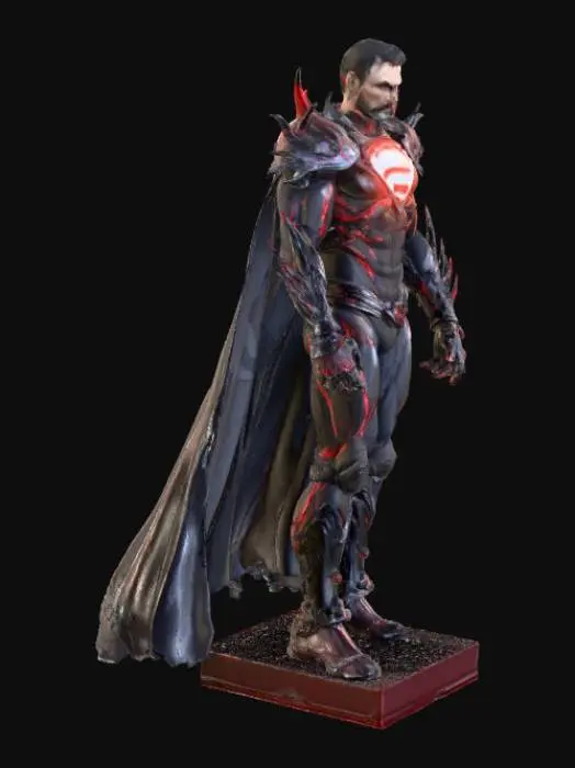 3D model for #villain#, "Create a 3D model of a menacing villain inspired by General Zod. Tall, muscular, and commanding, clad in black and gunmetal Kryptonian-style armor with glowing crimson energy veins. Chestplate engraved with alien runes, spiked pauldrons, gauntlets, and a tattered metallic cape edged with faint red energy. Face: stern, sharp features, glowing red eyes, cropped black hair (or sleek helmet with glowing visor). Armor battle-worn with scratches, scorched plating, and faint runes. Boots reinforced with alien tech, subtle levitation effect. Pose: imposing, one hand extended as if commanding troops or unleashing power. Cinematic, hyper-detailed, competition-ready."