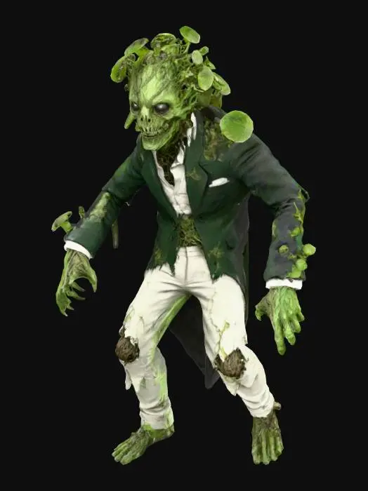 3D model for make a fungus zombie with a ripped up black tuxedo and ripped up white pants, #villain#