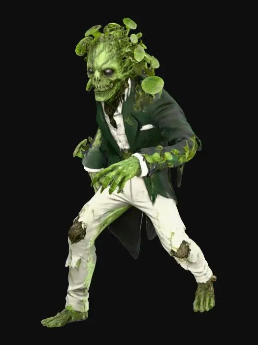 3D model for make a fungus zombie with a ripped up black tuxedo and ripped up white pants, #villain#